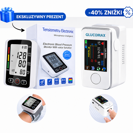 Nieinwazyjny glukometr GlucoMax + cyfrowy ciśnieniomierz (EKSKLUZYWNY PREZENT)