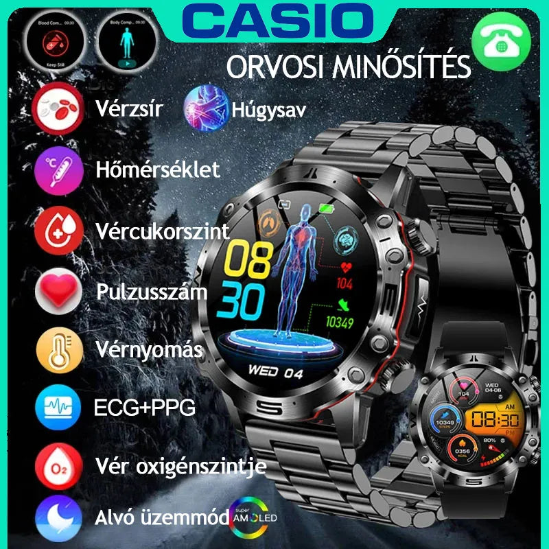 CASIO AI ORVOSI DIAGNOSZTIKÁS OKOSÓRA - 2026🔥 ÚJ VÉRLIPIDEK, HÚGYSAV, VÉRGLUKOZ SZINT - EKG+PPG FITNESZKÖVETŐ